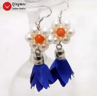 qingmos trendy natural pearl earrings for women with 6 7mm white round pearl blue silk flower tassel earring fine jewelry e592