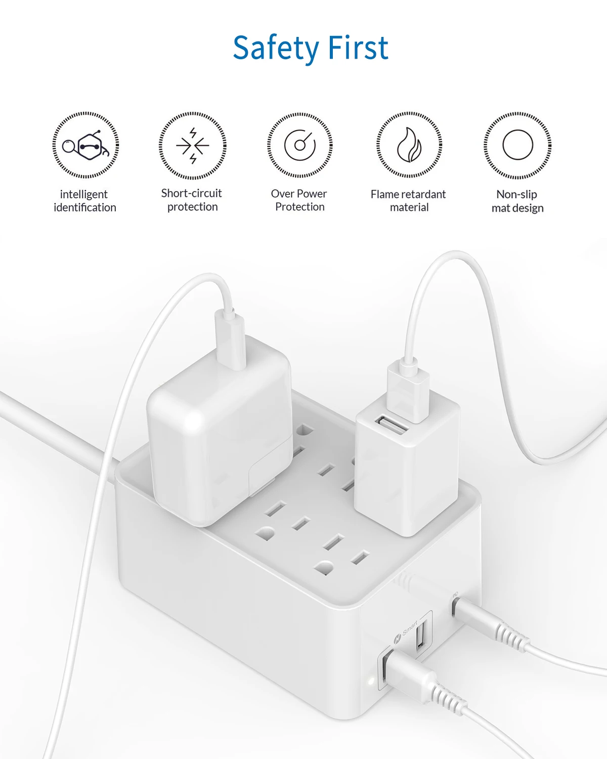 Сетевой блок питания NTON с PD зарядным устройством 45 Вт USB-C США плоский штекер 6AC 3USB(2 USB-A, 1 USB-C) для домашнего офиса 1,8 м удлинитель