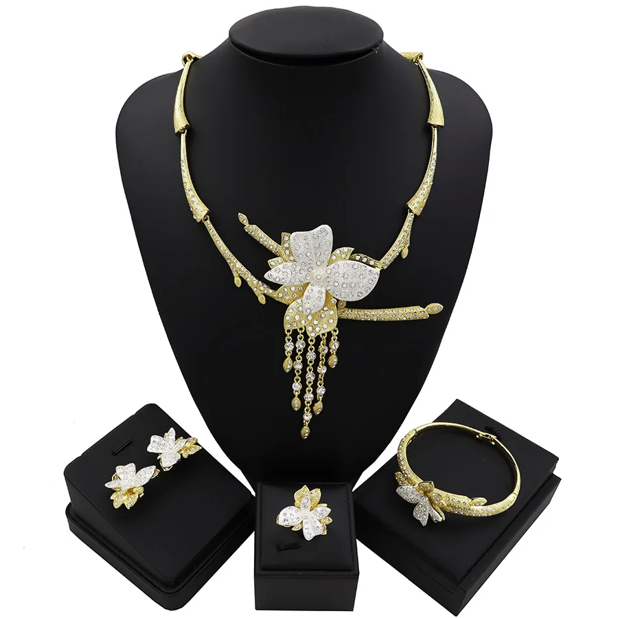 TSROUND Gold Color Dubai Jewelry Sets for Women Ngerian Bridal Wedding Two Tones CZ 4PCS | Украшения и аксессуары