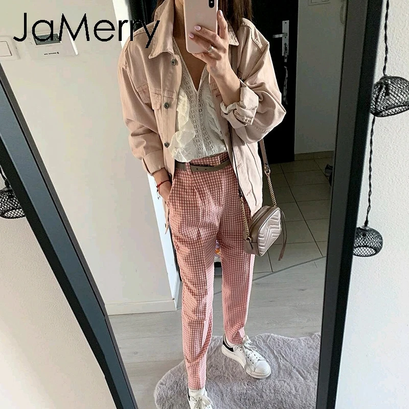 JaMerry винтажные розовые клетчатые повседневные штаны для женщин летние рабочие брюки Капри женские прямые офисные женские брюки в британском стиле