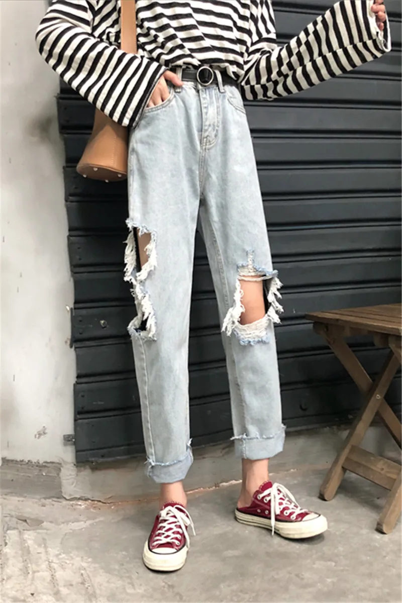 autumn 2018 Korean fashion casual pants ladies plus size ripped high waist jeans Streetwear Wide leg denim pans womens bottom |