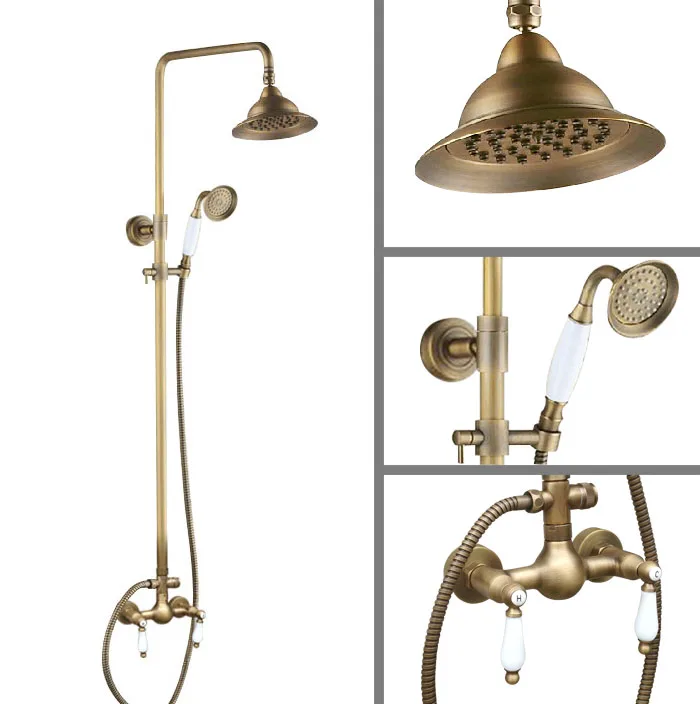 

Bathroom Dual Ceramics Handles Antique Brass Wall Mounted Round Shower Head Rain & Hand Shower Faucet Mixer Tap Set aan120
