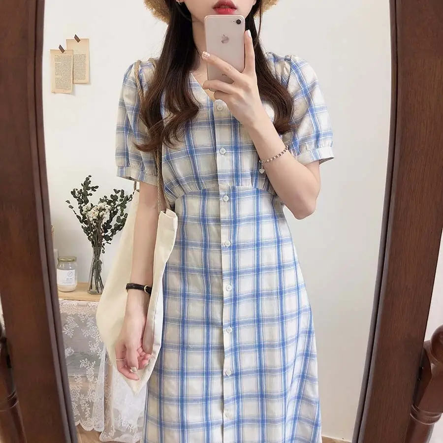 Большие размеры; летнее платье для девочек; Boho вечерние женские винтажные платья; клетчатый кардиган с пуговицами; женские платья с коротким рукавом; длинное платье; Vestido