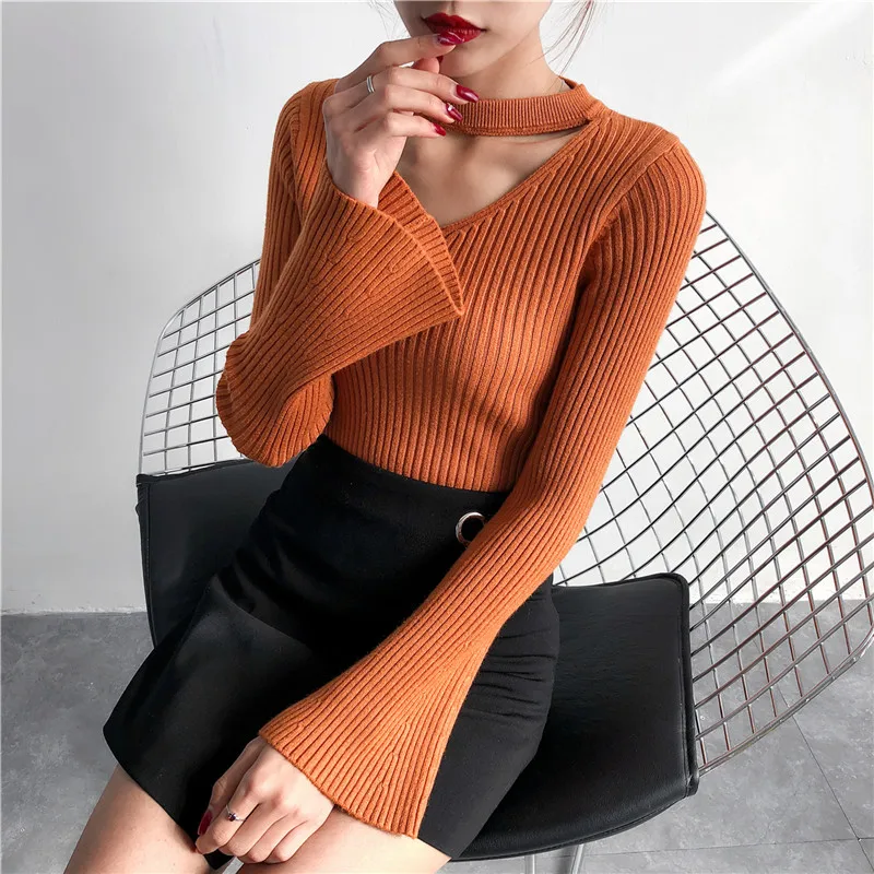 8166 (3 room 8 Row 6) solid color new V collar sleeve knitted sweater 37 | Женская одежда