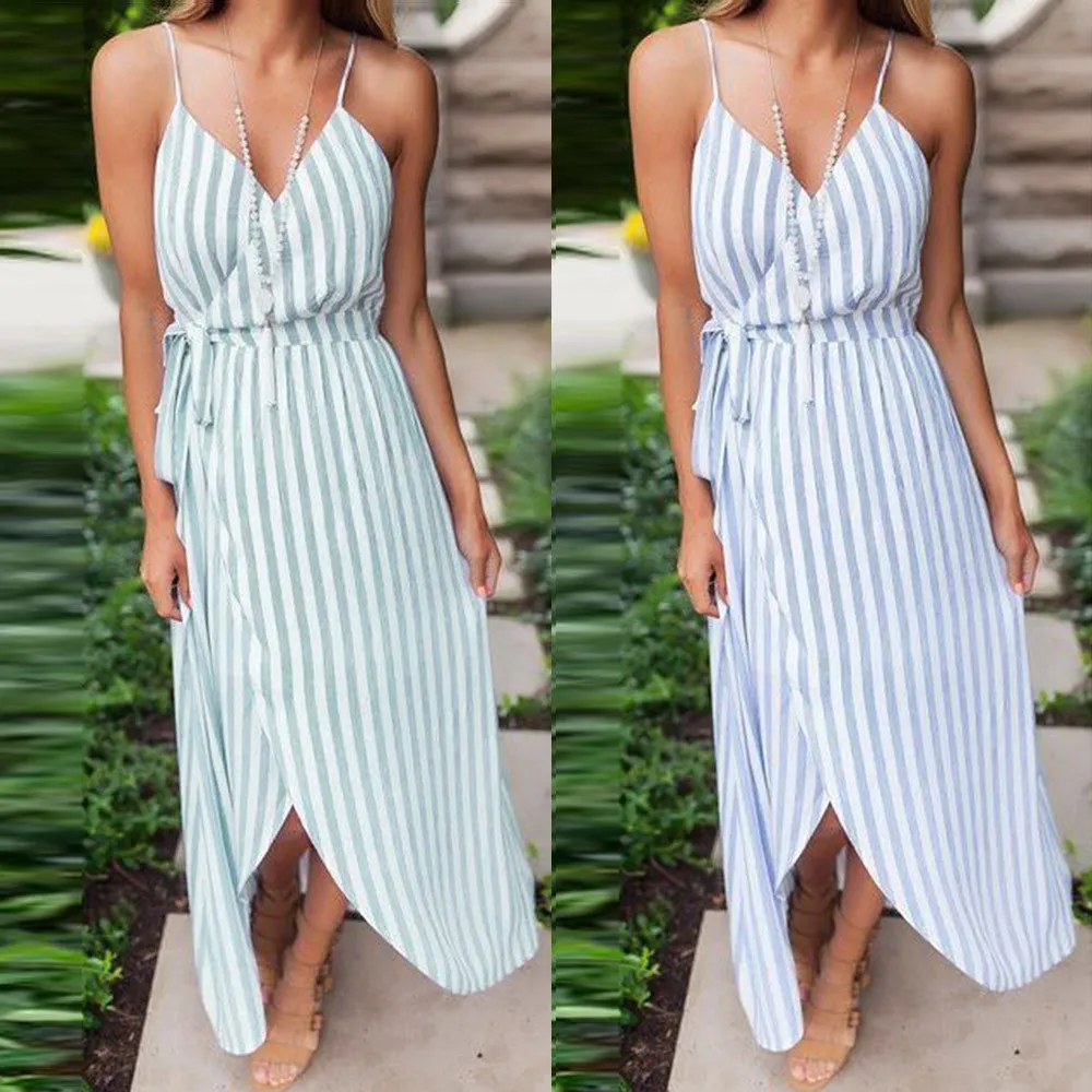 Для женщин Sexy бретелек полосатая повязка V Neck Lace up нерегулярные ботильоны Длина