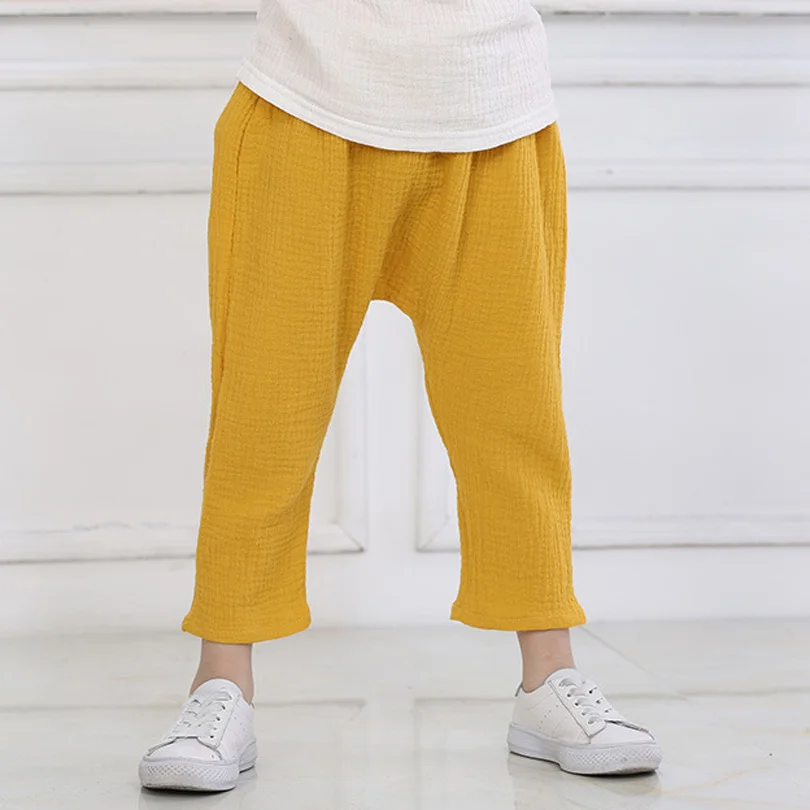 Детские плиссированные брюки до колен однотонные льняные штаны для маленьких