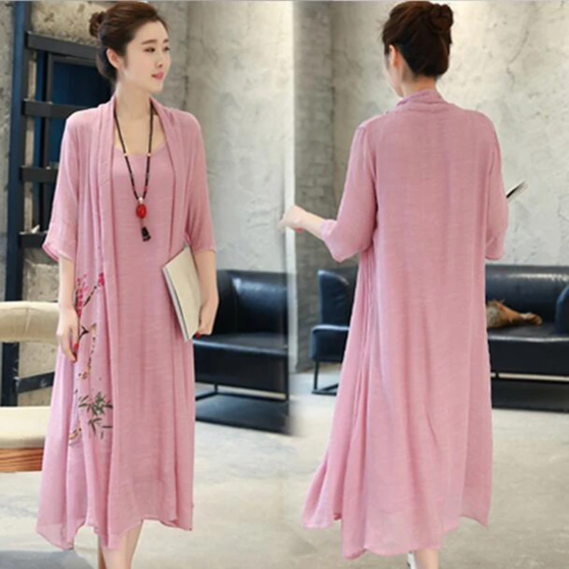 Модное платье из хлопка и льна Свободное длинное с винтажным принтом имитация