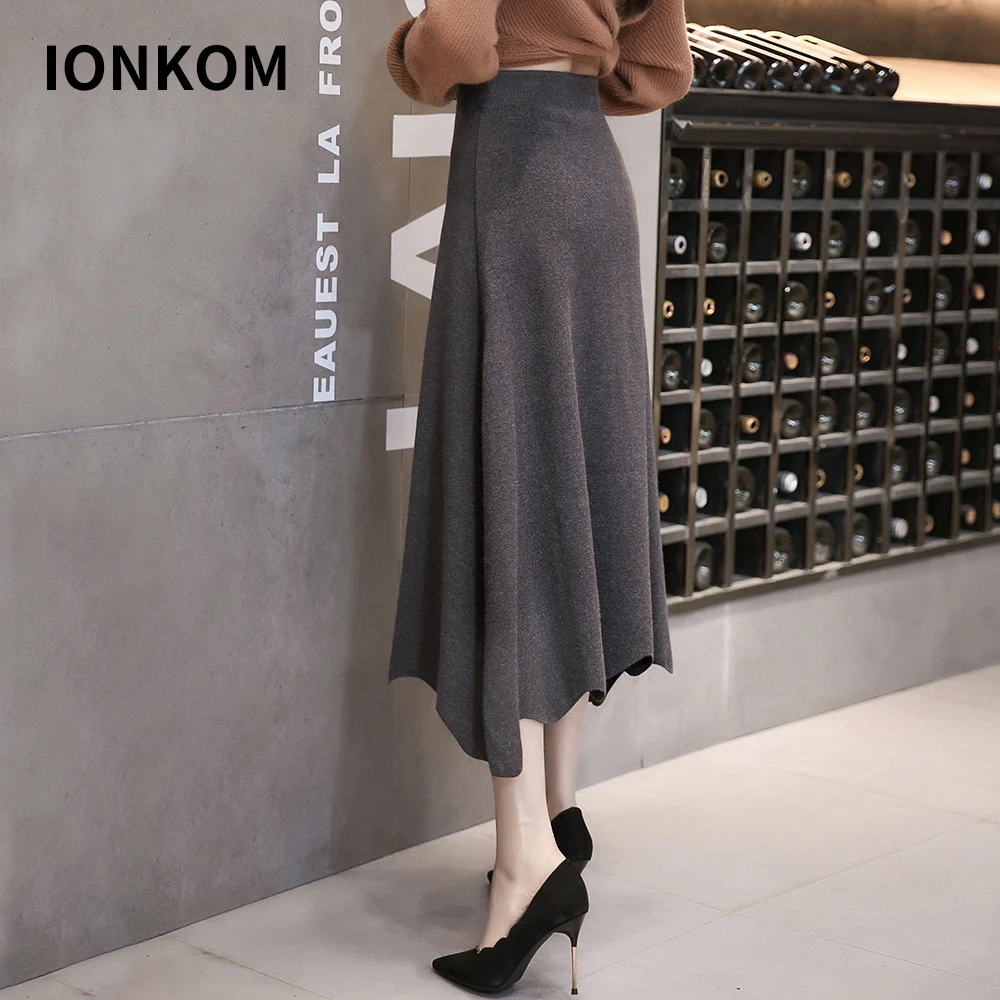 IONKOM Elegant Office Ladies High Elastic Waist Skirt Button Fly Irregular Hem Autumn Skirts Womens A Line Knitted Midi | Женская одежда