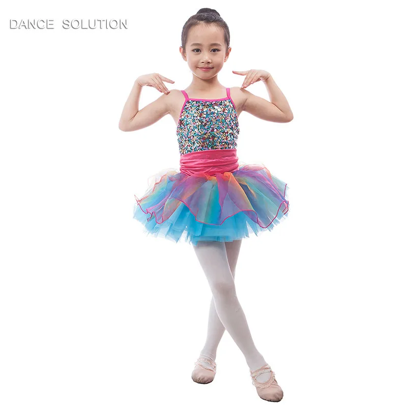 16263 Colorful Sequin Camisole with Tulle Skirt Ballet Costume for Girl Children Stage Show Dancewear Practice Standard Dress |