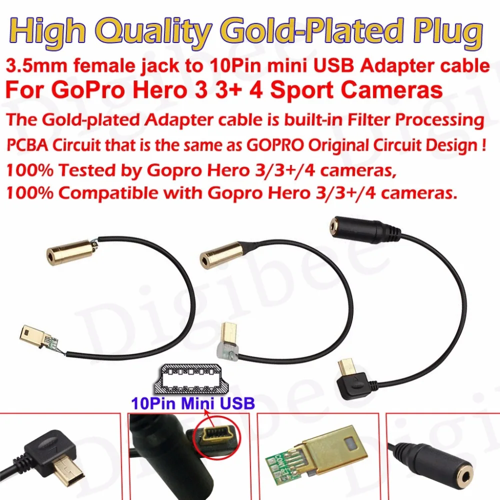 1 шт. позолоченный 3 5 мм аудио разъем для 10Pin Мини USB адаптер кабель GoPro Hero + 4 камеры