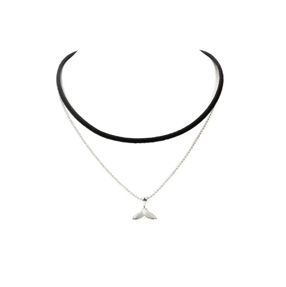 Двухслойное ожерелье корейский бархат кожаный шнур черный цвет чокер подвеска