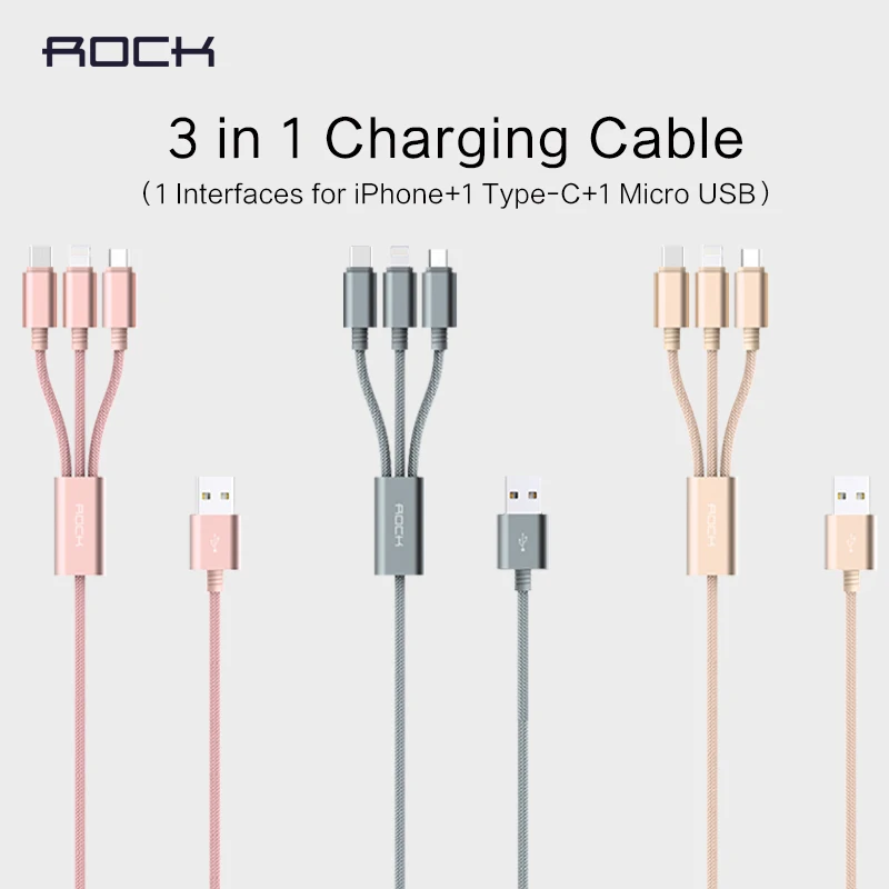 ROCK 3 в 1 USB кабель для iPhone/Micro/type C, многофункциональный зарядный кабель