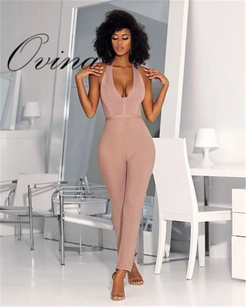 Top Quality New Halter V Neck Backless Sleeveless Bandage Jumpsuit Women's Rompers