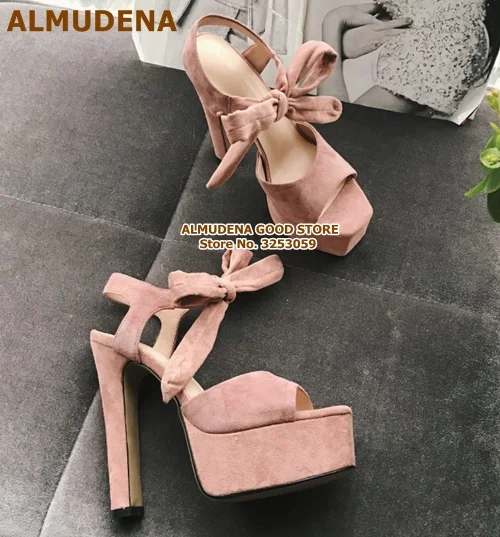 as picture ALMUDENA/сандалии-гладиаторы на массивном каблуке и платформе с бантом; цвет розовый, красный, зеленый; замшевые модельные туфли-лодочки на шнуровке; свадебные туфли с ремешком на пятке и бантом - Цвет: as picture