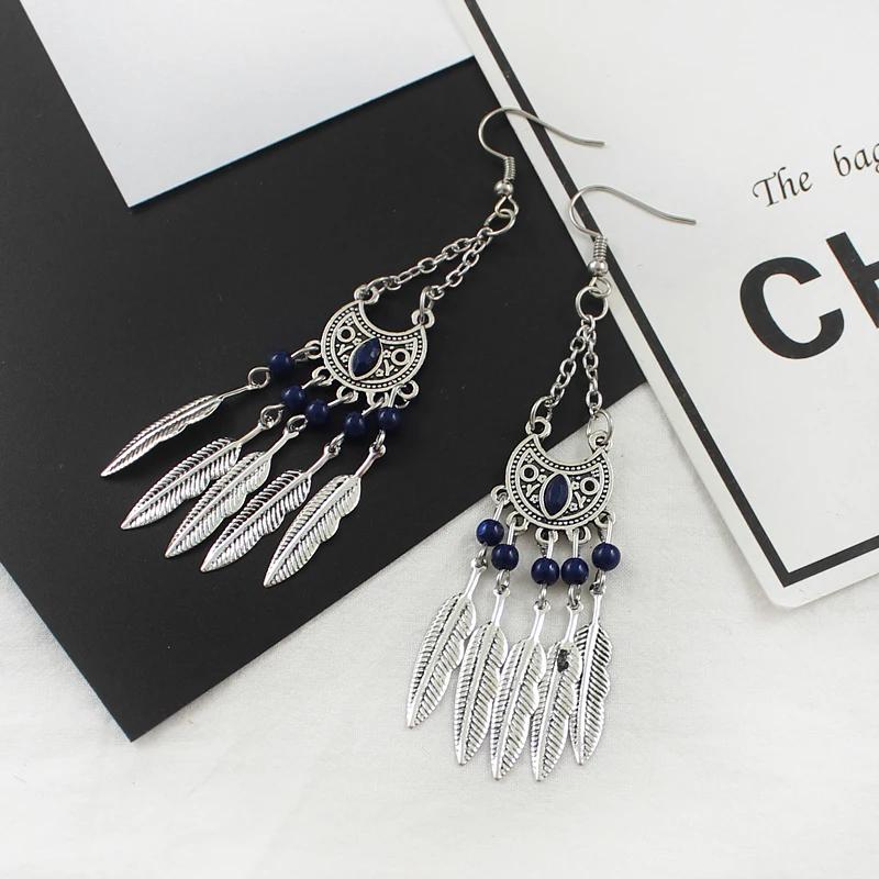 Богемные этнические висячие серьги в форме полумесяца античные листьев перьев с