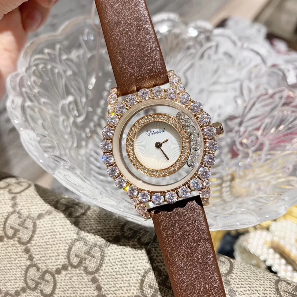 

Luxury Women Rhinestones Watches New Arrival Brand Real Leather Strap Watch Happy Crystals Transparent Wrist watch 2 Hands Reloj