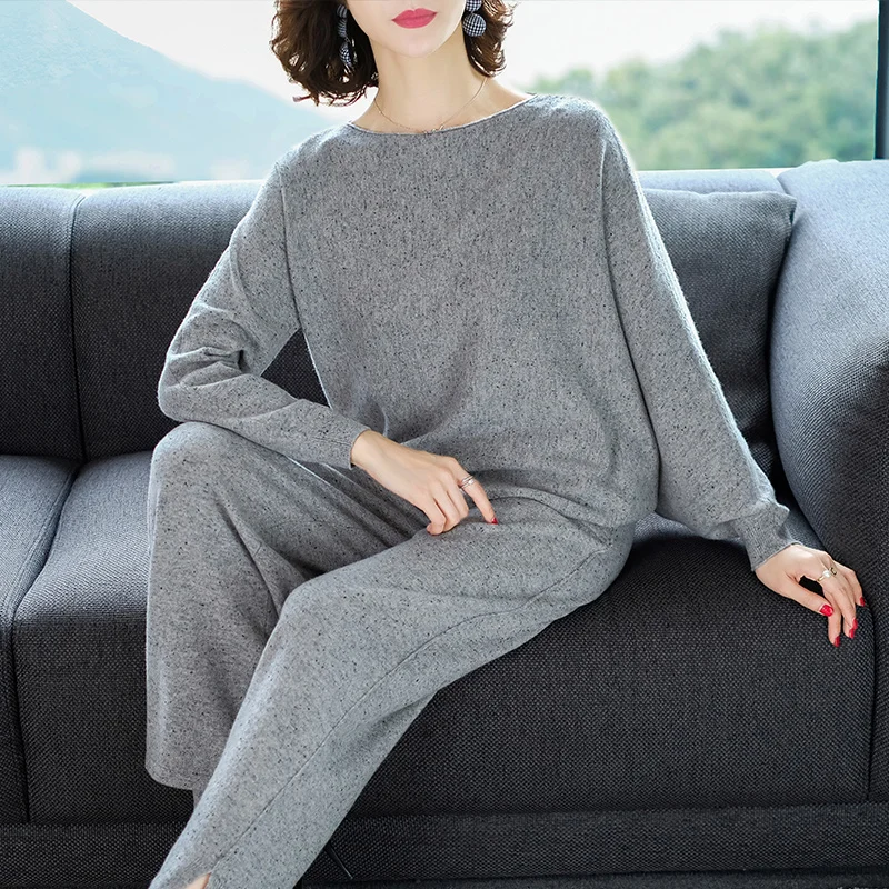 JANELUXURY Brand Women's Solid Color Knit Sets 2019 Autumn Winter New Bat-sleeve Sweater + Long Pants 100%Wool Loose Two Suits |
