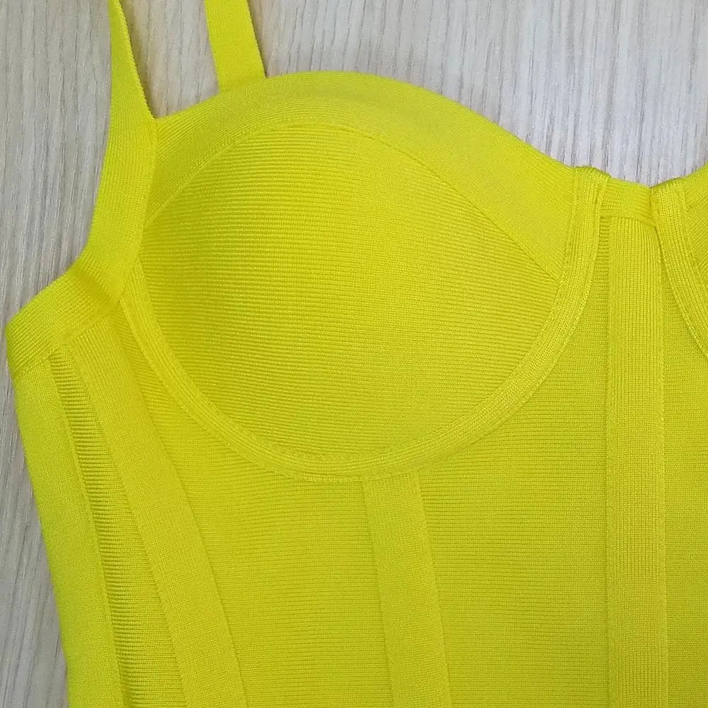 

2019 new women's sexy yellow spaghetti strap summer rayon elastic celebrity bandage dress bodycon mini club party dress vestidos