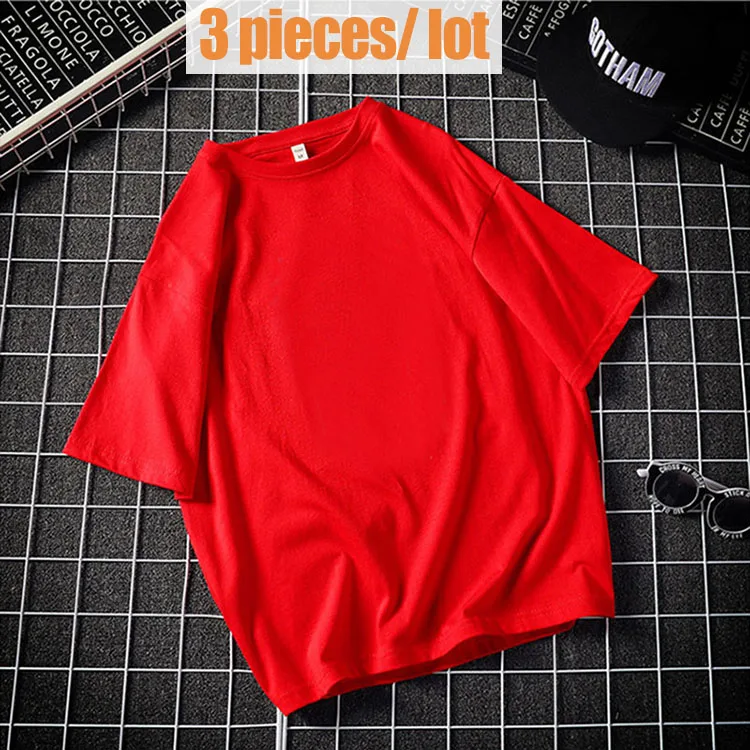 Red-3 pieces Распродажа, упаковка из 3 повседневных однотонных хлопковых футболок, мужские белые фиолетовые футболки с коротким рукавом, летние уличные футболки больших размеров BD129 - Цвет: Red-3 pieces