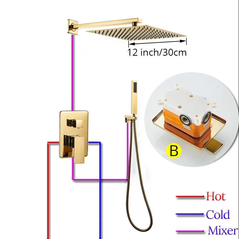 12inch Gold Color B Смесители для ванны золотой для ванны дождь Душ настенный скрытый смеситель для ванной комнаты душевой набор смеситель черный смеситель Набор кран FS-138899 - Цвет: 12inch Gold Color B
