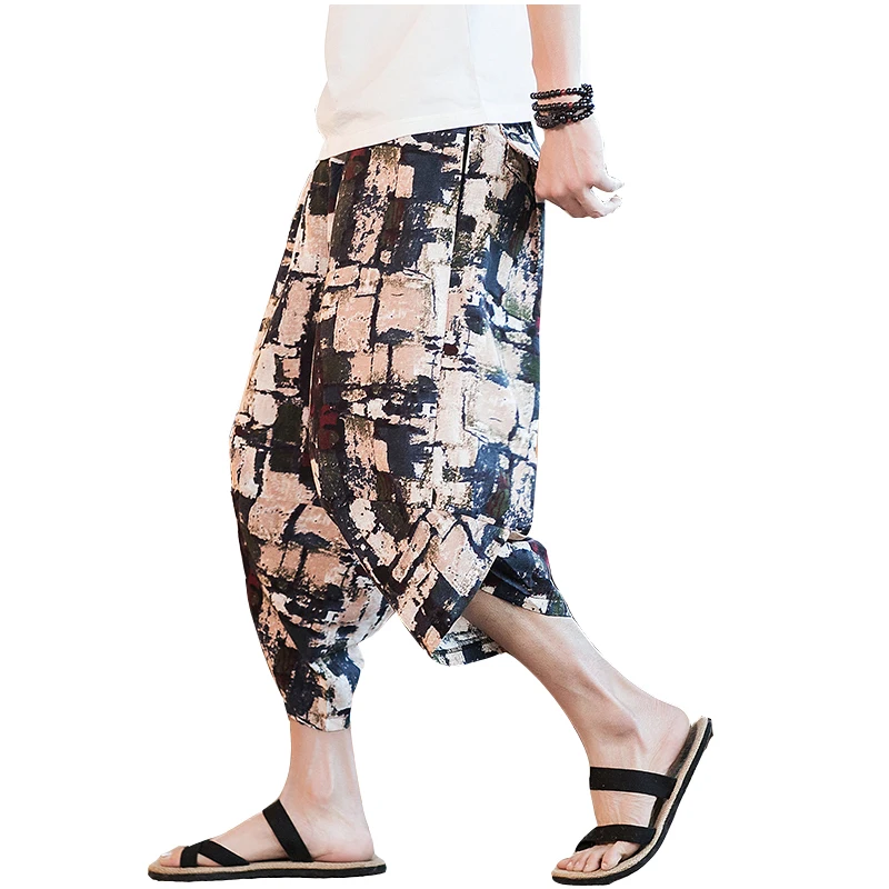 2021 New Chinese Style Mens Cotton Linen Pants Male Summer Casual Calf-Length Man Pattern Print Baggy Loose Trousers | Мужская одежда