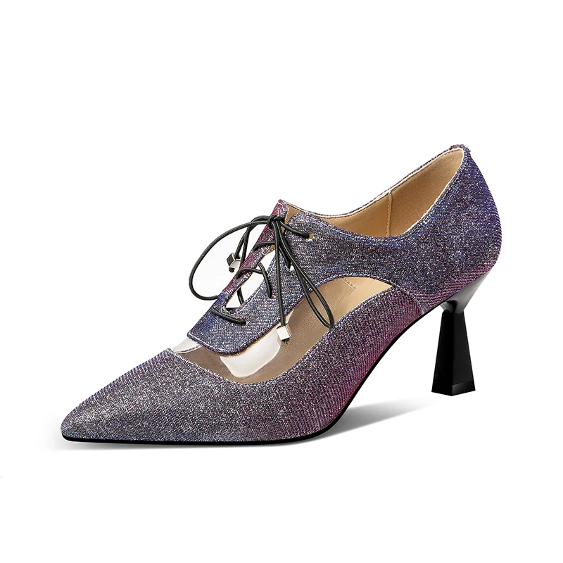 ISNOM Unusual Heels High Pumps Women Pointed Toe Lace Up Footwear Fashion Pvc Party Sequined Shoes Female Bling Shoes Woman