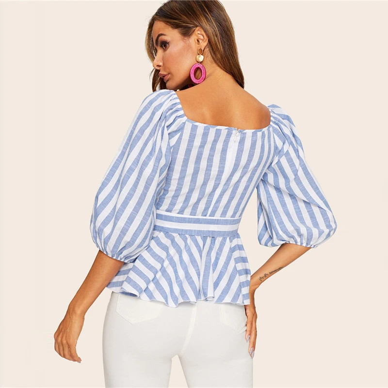 SHEIN Полосатая Блузка С Поясом И Оригинальным Рукавом Женская Летняя Элегантная Блузка С Оборками И Пуговицами