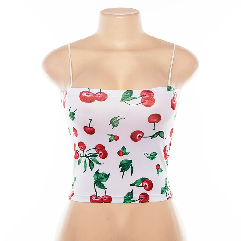 Женский топ с принтом вишни белый/черный облегающий на бретельках вырезом