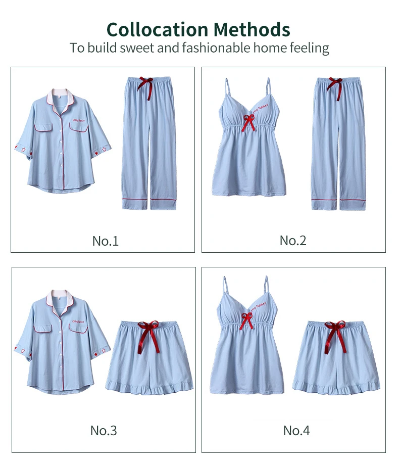 Fashion 7 Pieces Sleepwear Women Checker Warm Soft Cotton Pajamas Set Ladies Pink and White Plaid Cotton Nightwear 7pcs