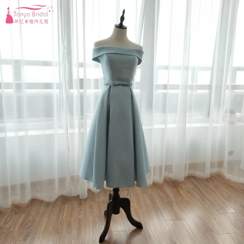 Светло Небесно Голубые короткие платья подружки невесты простой сатин дешевые