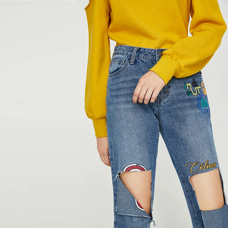 Toyouth Slim Ripped Pencil Denim Pants H Type Mid Waist Asymmetrical Straight Jeans Skinny Femme Tight Button Casual | Женская одежда
