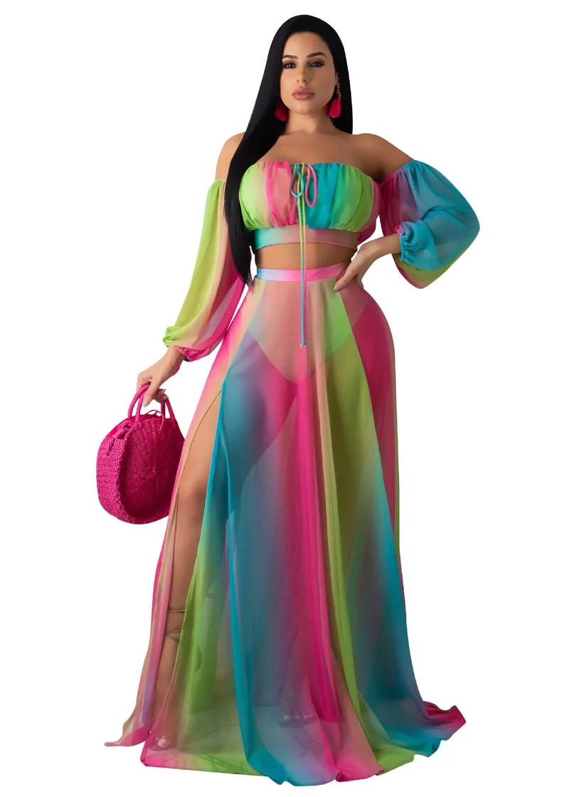 

HAOOHU Chiffon Sheer Two Piece Matching Sets Women Clothes Off Shoulder Crop Top and High Slit Maxi Skirt 2 Piece Beach Outfits