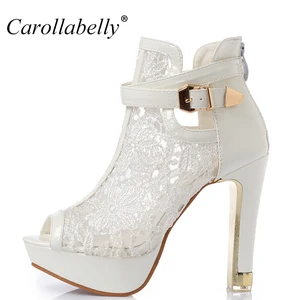 Женские кружевные туфли-лодочки на платформе, белые сетчатые черные туфли на высоком каблуке с открытым носком, 2021