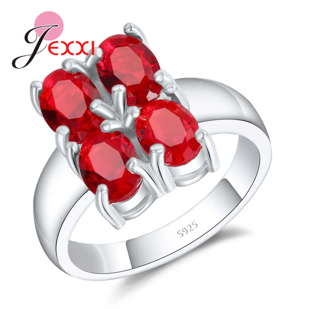 

Newest 925 Sterling Silver Women Wedding Ring Oval Shape Four Red Color Cubic Zircon Stones Girls Party Rings Jewelry