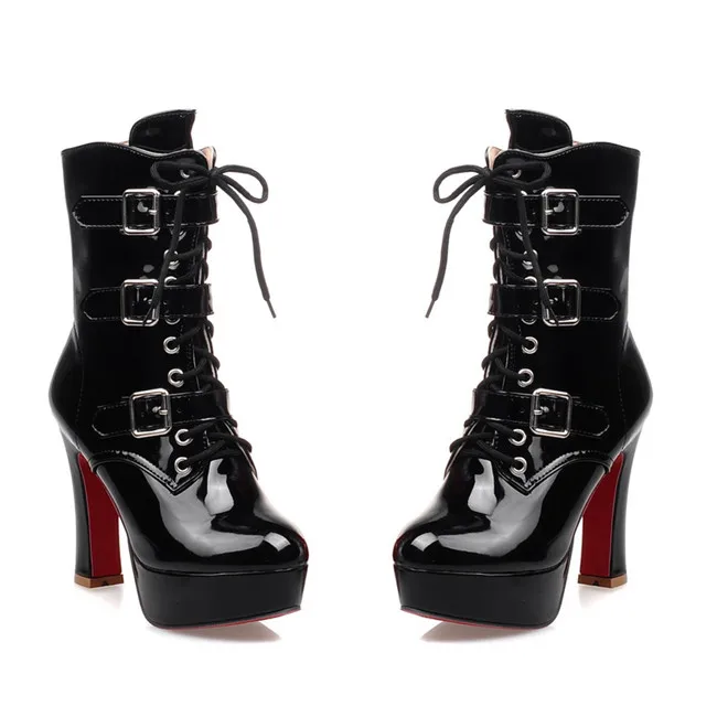 YMECHIC Pu Patent Leather Buckle Strap Lace Up High Heel Motorcycle Boots Women Winter Platform Ladies Goth Shoes Plus Size