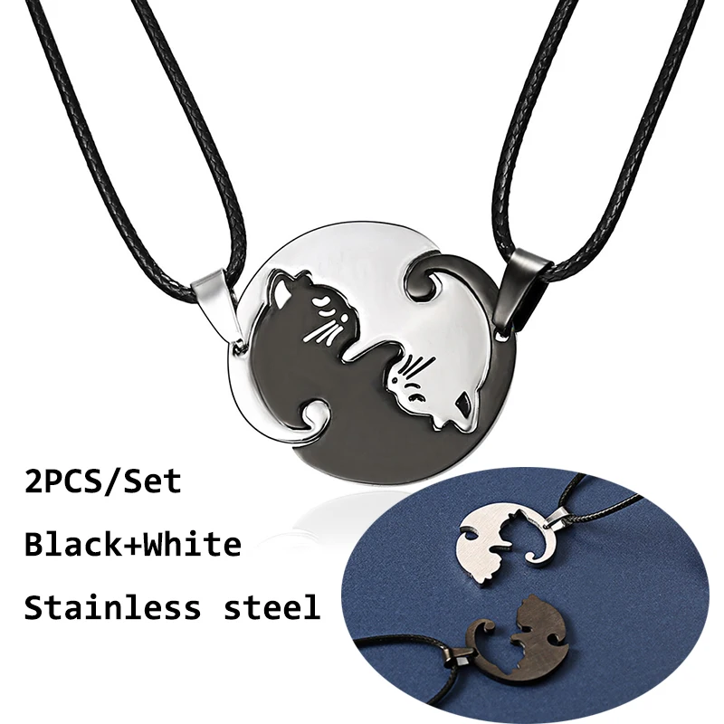 2pcs Black White Couple Necklace Couples Jewelry Necklaces Stainless Steel Animal Cat Pendants | Украшения и аксессуары