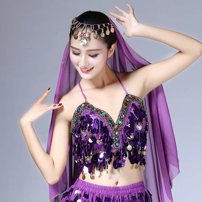 purple Радуга блесток кисточкой зеркало с русалкой фестиваль боди Жгут Бюстгальтер Bralette укороченный топ Бисероплетение монеты на шнуровке шифон Boho Cami Top - Цвет: purple