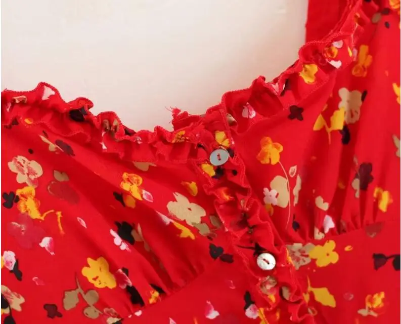 Летнее платье 2018 милое для женщин красное с цветочным принтом на петельках