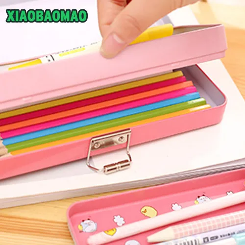 Двухуровневый Железный пенал, розовый/синий Kawaii металлический двойной слой пенал для школьников