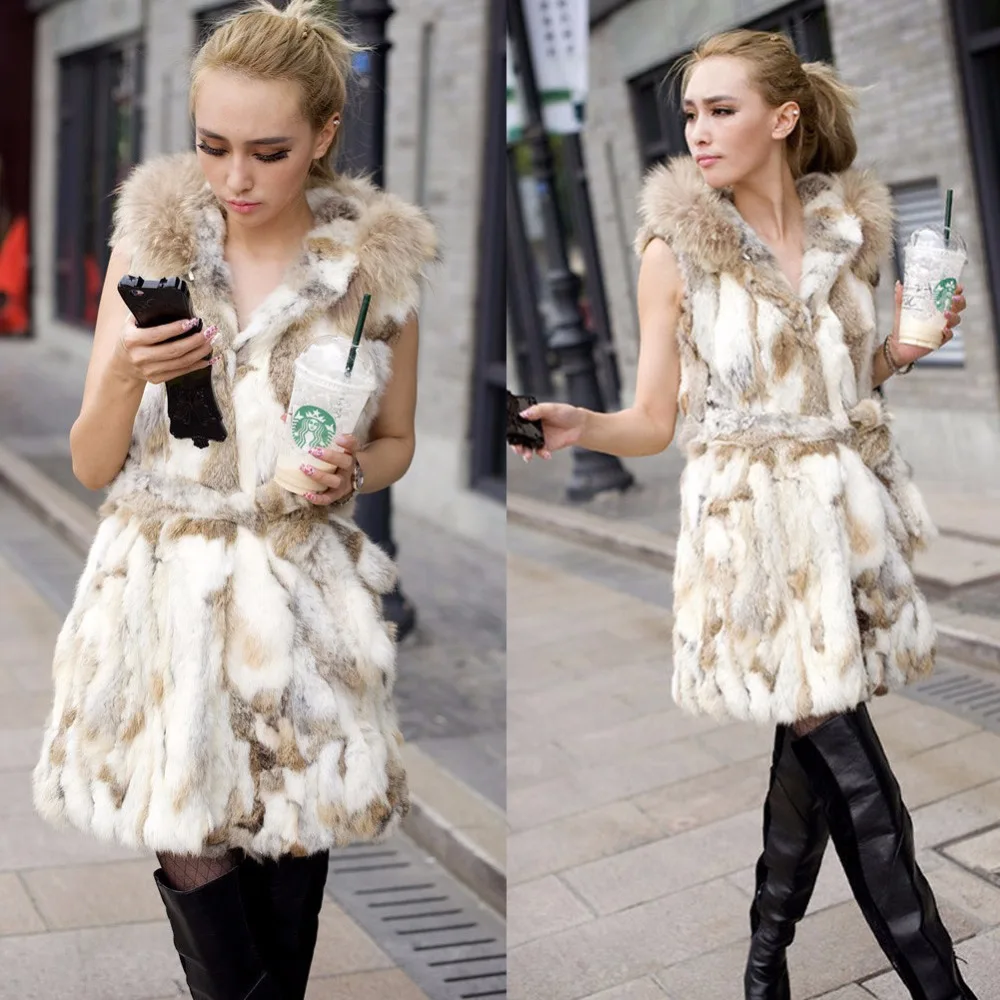 Ethel Anderson Women Real Rabbit Fur Vest Hooded Fur Gilet Sleeveless Jacket Real Rabbit Waistcoat Long Style