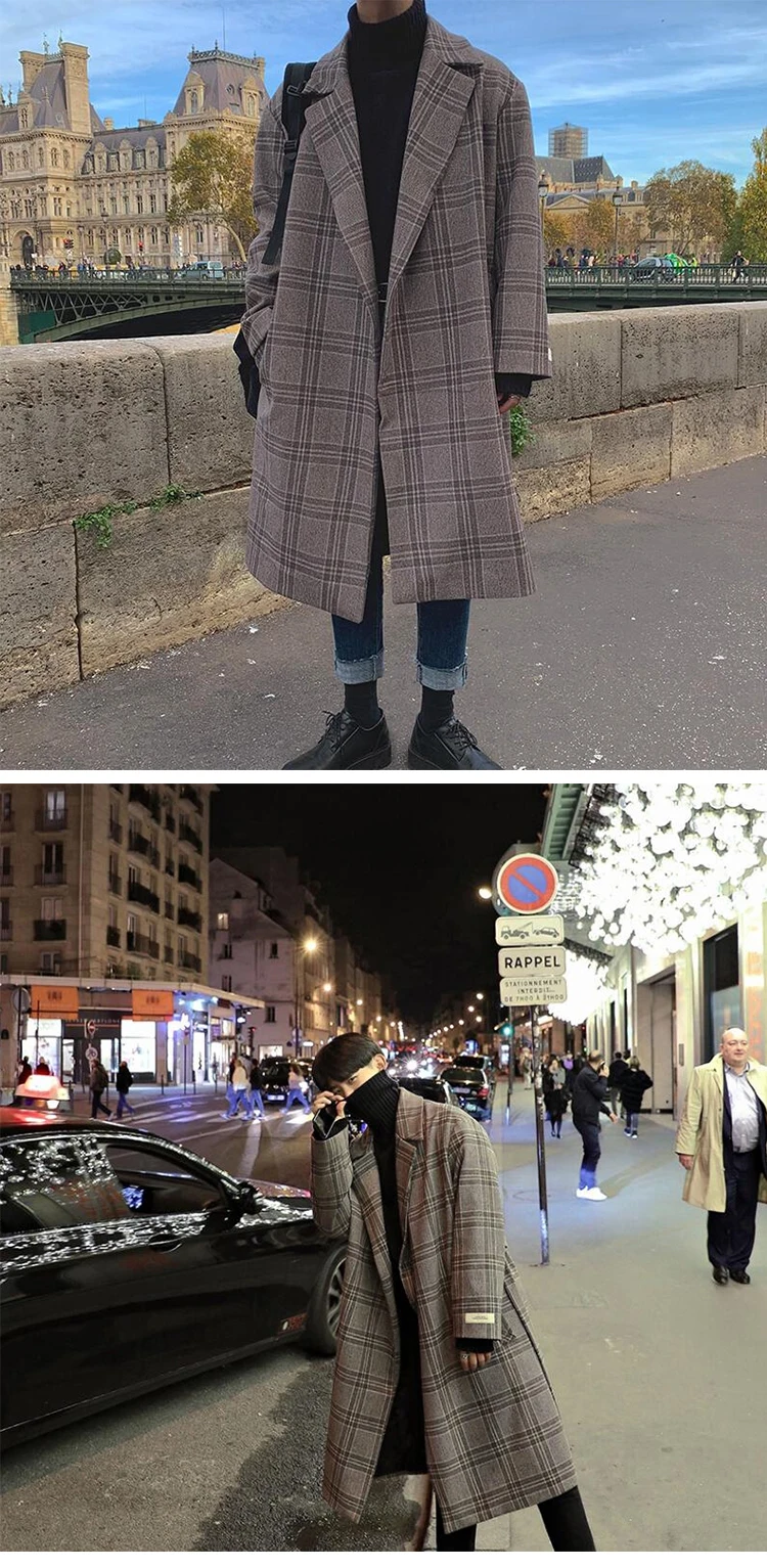 Новинка, зимнее шерстяное пальто для мужчин, модное ретро клетчатое пальто, мужское повседневное Свободное длинное пальто, уличная одежда высокого качества, мужская одежда