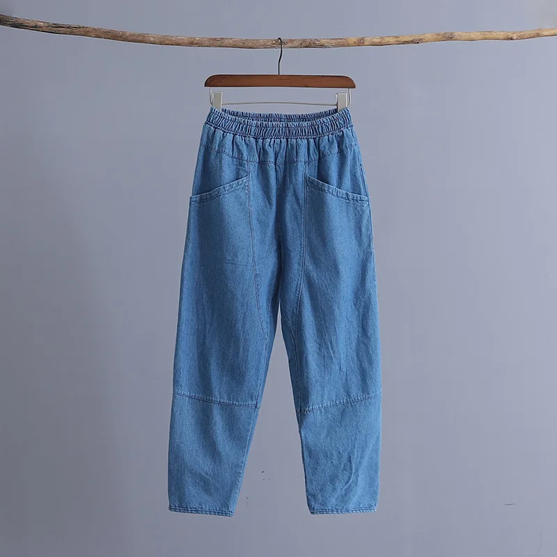 light blue Женские джинсы с эластичной резинкой на талии, хлопковые джинсовые шаровары, Свободные повседневные джинсы, новые летние шаровары, штаны женские джинсы C212 - Цвет: light blue