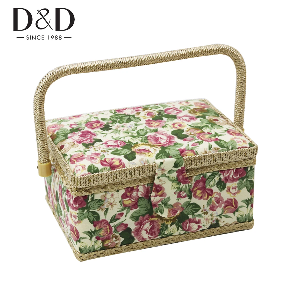 

Handmade Wood&Cotton Fabric Craft Sewing Storage Box with Assorted Sewing Tools Multi-function Sewing Basket 24.5*17.5*12.5cm
