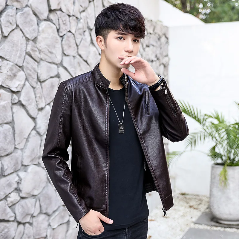 

New winter young man fur leather jacket collar recreational leather coat