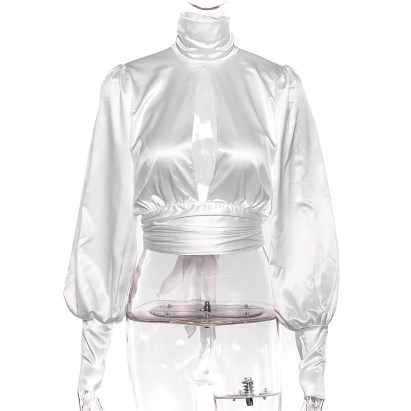 Женская атласная блузка элегантная винтажная белая или синяя с высоким