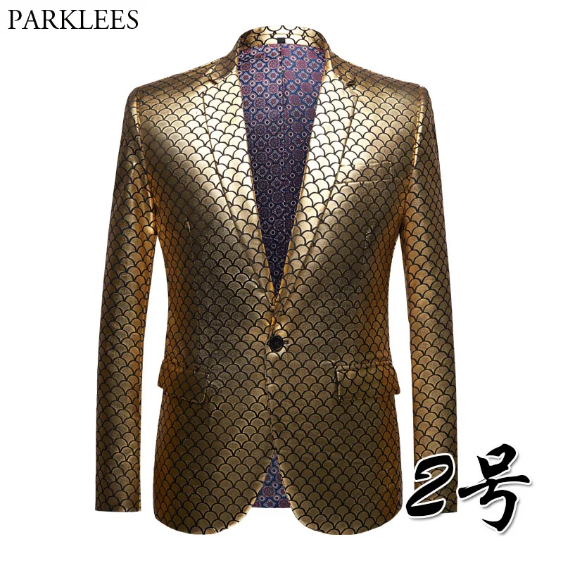 

Luxury Gold Foil Print Wedding Suit Blazer Men 2018 Brand New Single Breasted One Button Tuxedo Blazer Stage Singer Wear Jacket