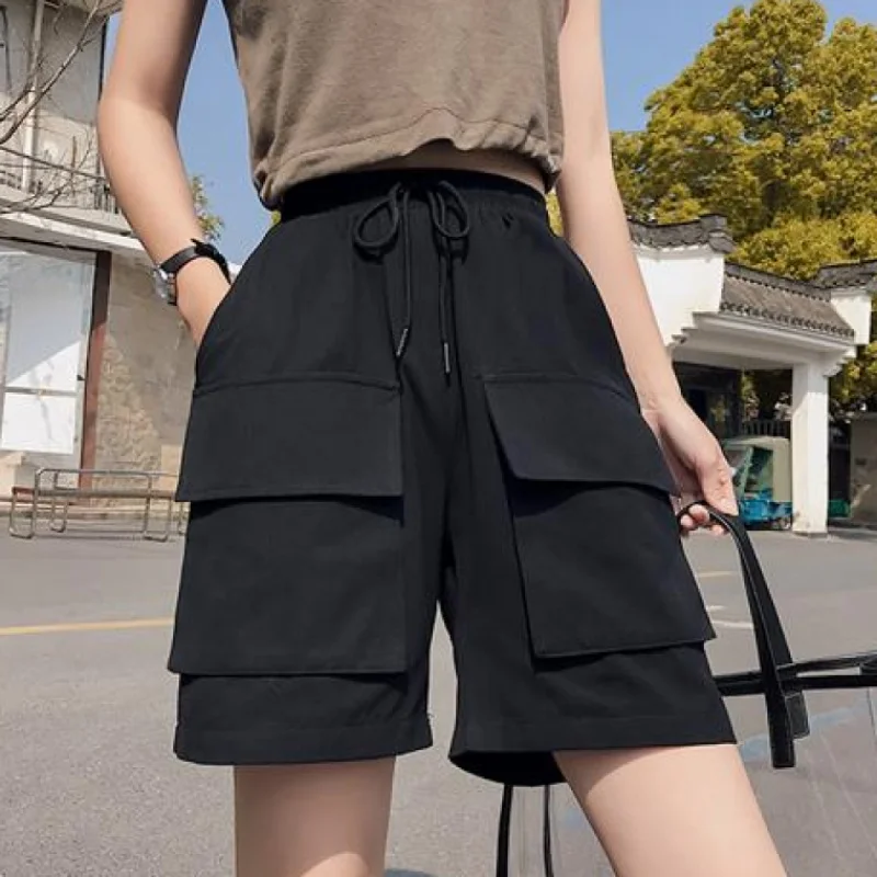 black front pocket Женские длинные шорты из чистого хлопка,, летние новые повседневные короткие свободные шорты с карманами, высокая талия и бедра, шорты в стиле хип-хоп - Цвет: black front pocket