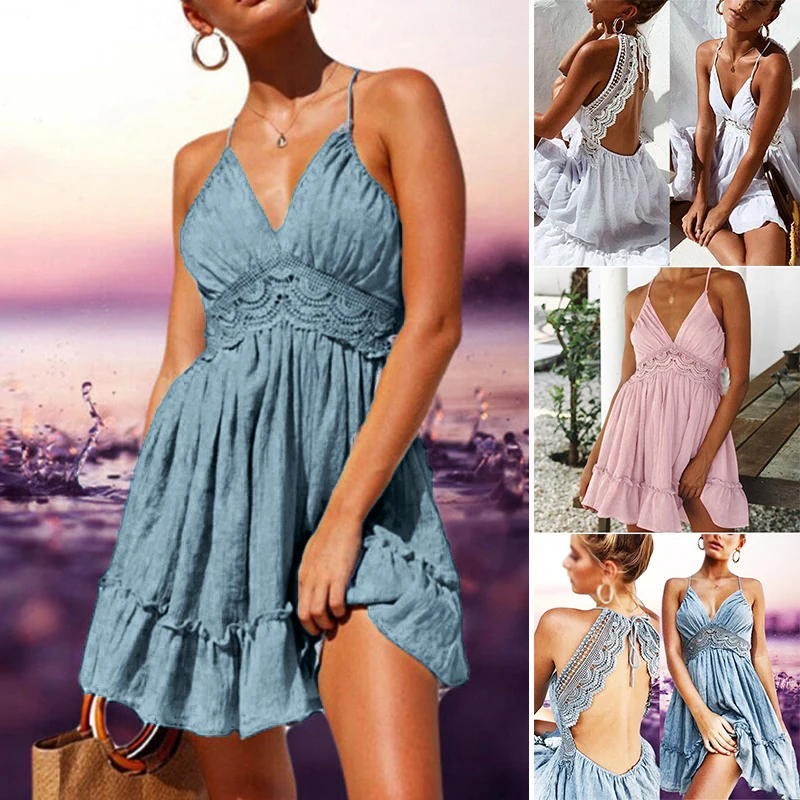 Sexy Womens Summer Beach Strappy Dress V-neck Backless Sundress Holiday Clothes | Женская одежда