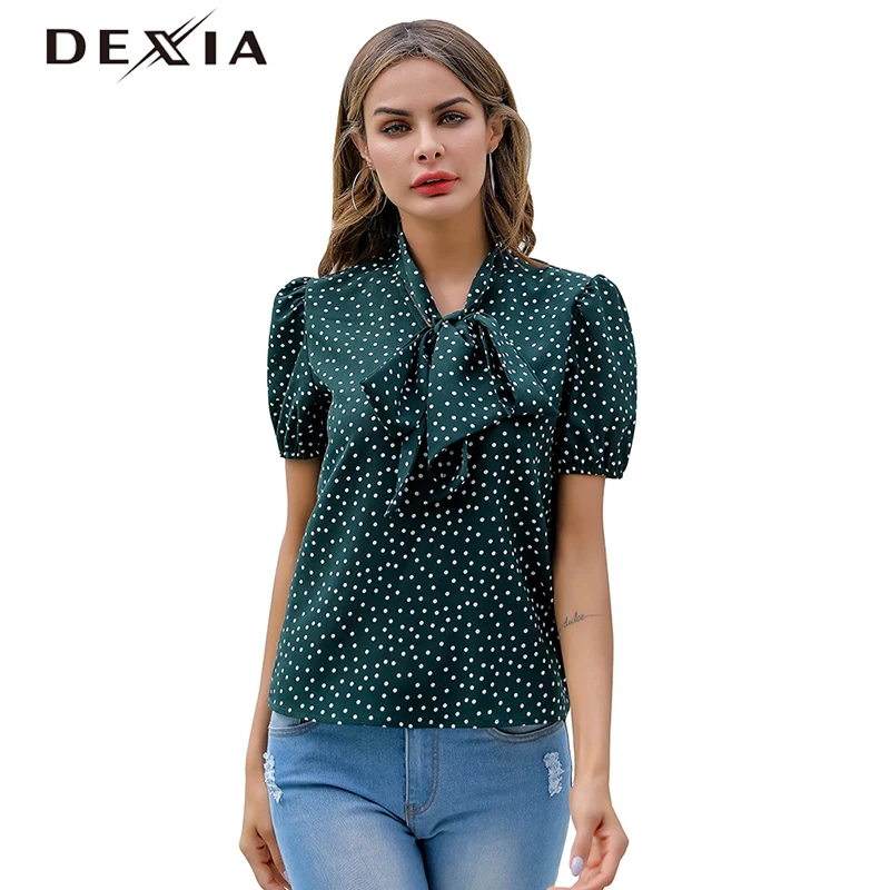 DEXIA/Летняя пикантная блузка с бантом для женщин вечерние рубашки короткий рукав