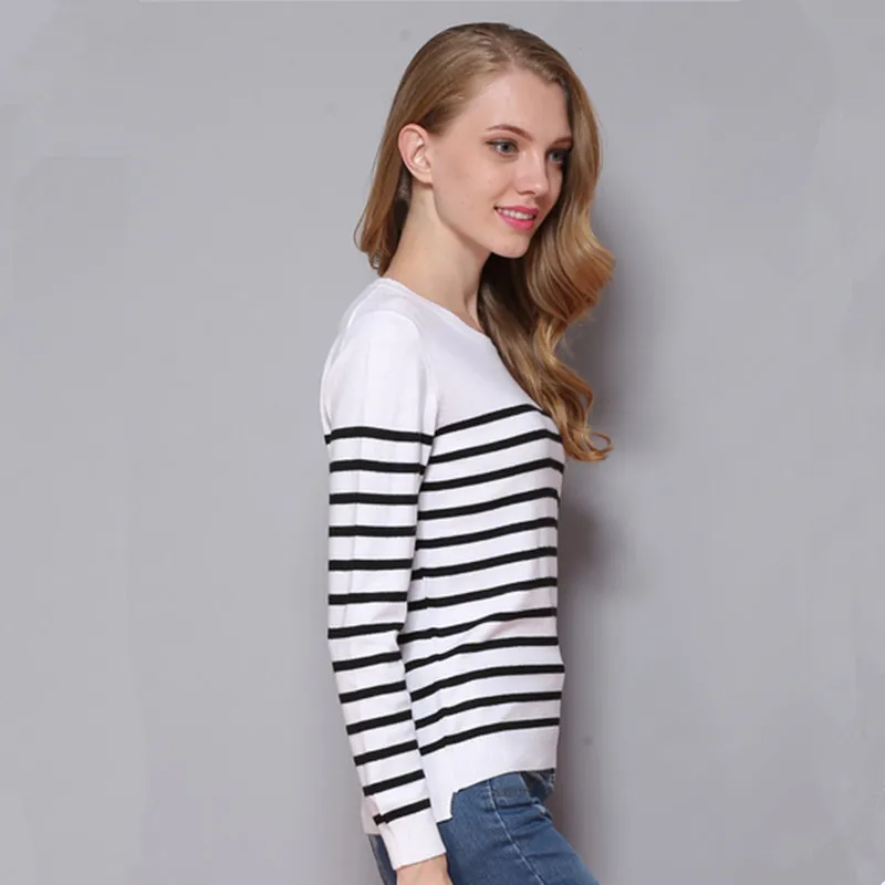 

Snaoutofit Front Short Black and White Striped Cashmere Sweater Women's Round Neck Quality Sweater Hot Sale Pullover